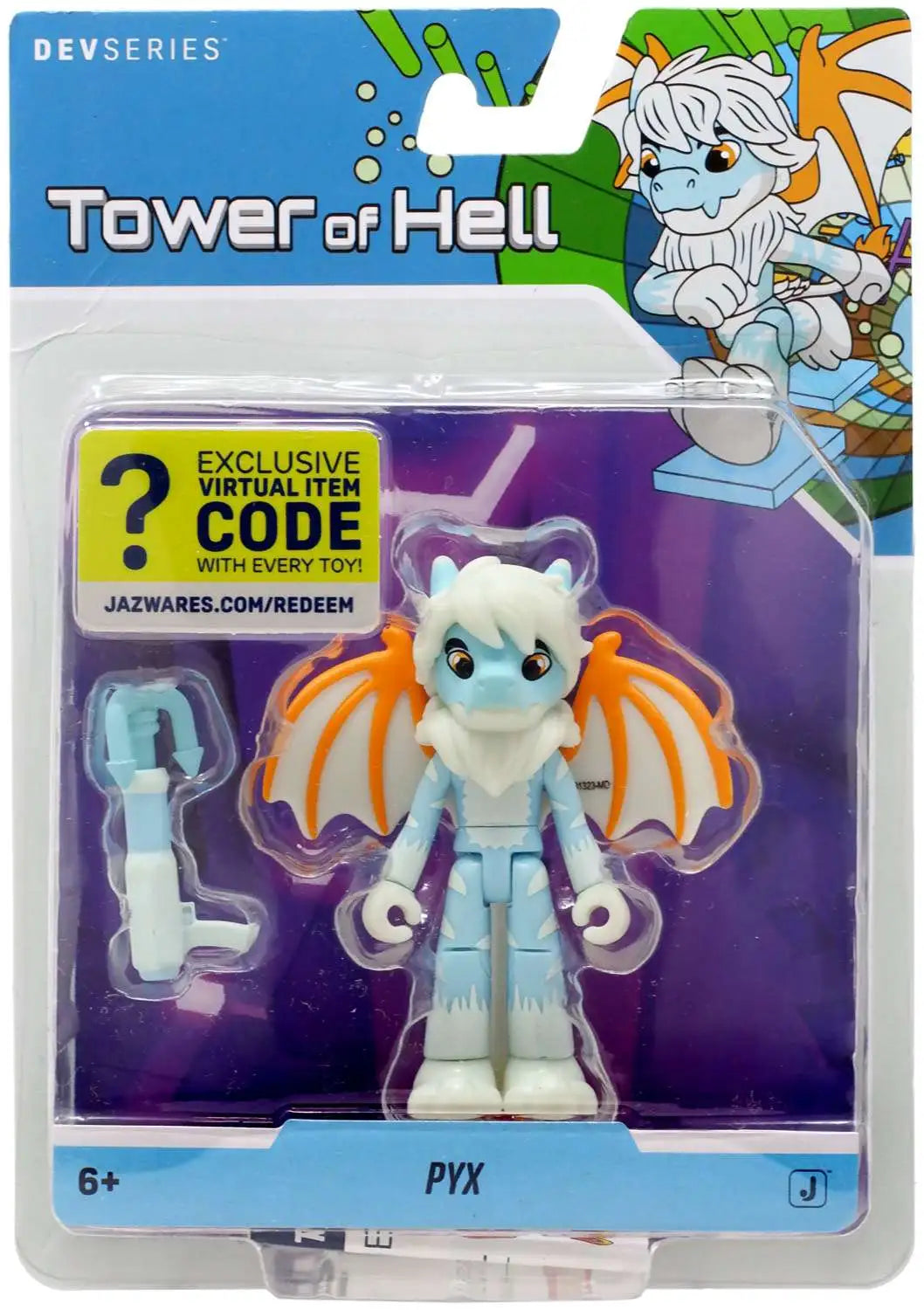 Toy figure in packaging with 'Tower of Hell' branding and virtual item code offer.