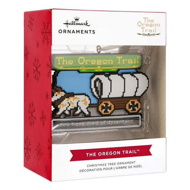 Hallmark Oregon Trail ornament in packaging – perfect holiday gift for nostalgic gamers.