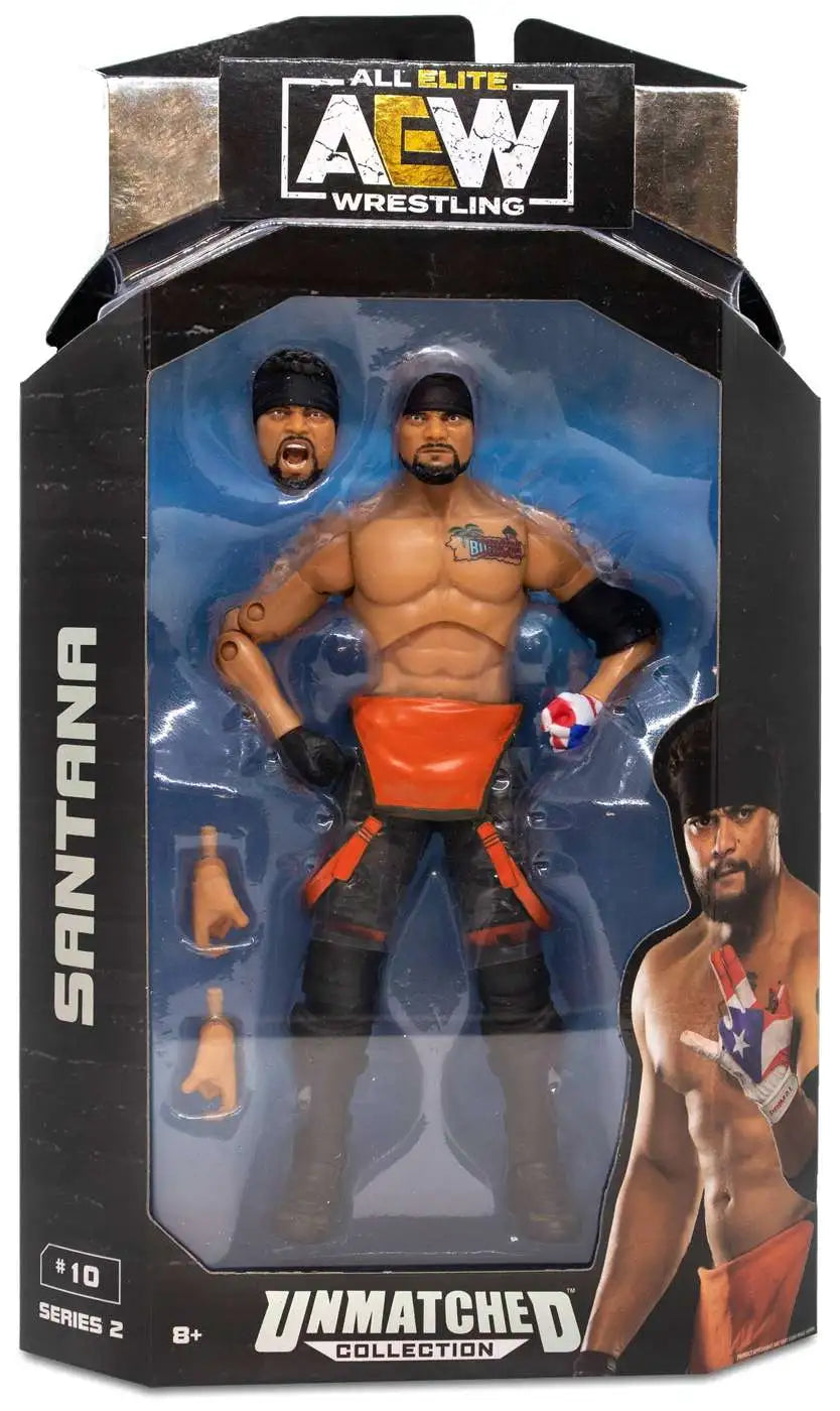 Jazwares AEW Unmatched Series Santana action figure in Proud & Powerful ring gear - 25 points of articulation