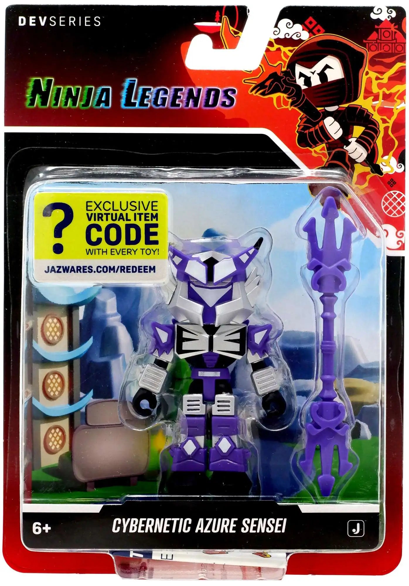 Toy figure in packaging with 'Ninja Legends' branding and virtual item code.