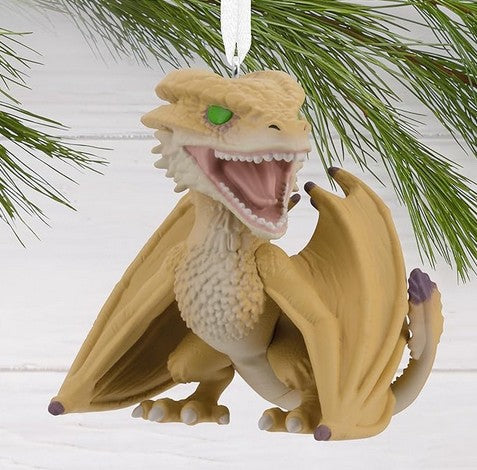 Hallmark Funko Pop! Syrax ornament from House of the Dragon series, hanging on a Christmas tree.