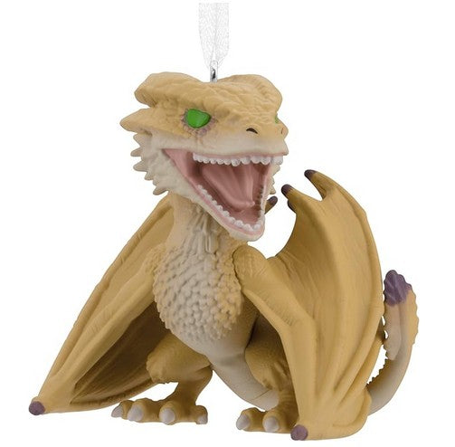 Hallmark Funko Pop! Syrax ornament from House of the Dragon series, hanging on a Christmas tree.