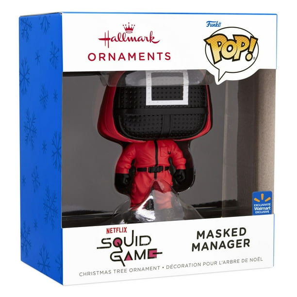 Hallmark Funko Pop! Squid Game Masked Manager Christmas ornament hanging on a tree.