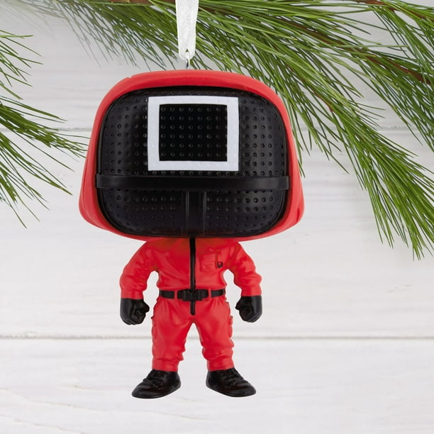 Close-up of Squid Game Masked Manager Funko Pop! ornament with detailed mask design.