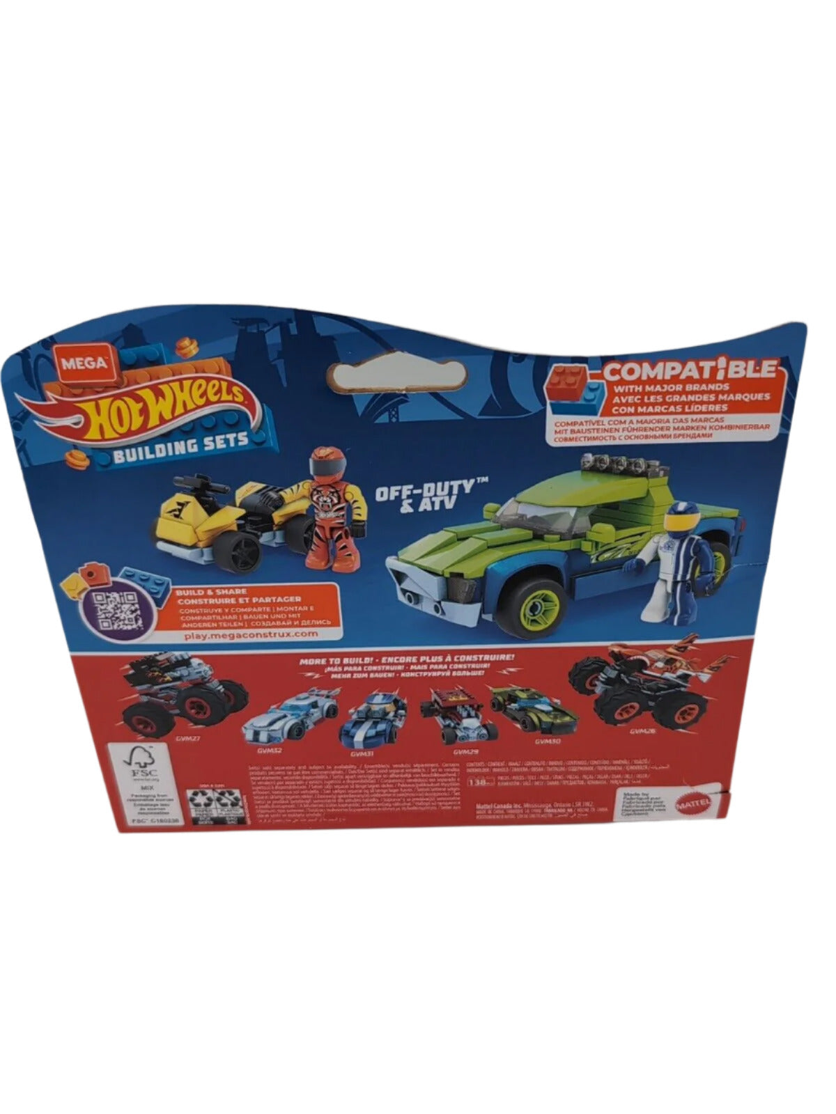 Hot Wheels building set packaging with toy figures and vehicles on a white background
