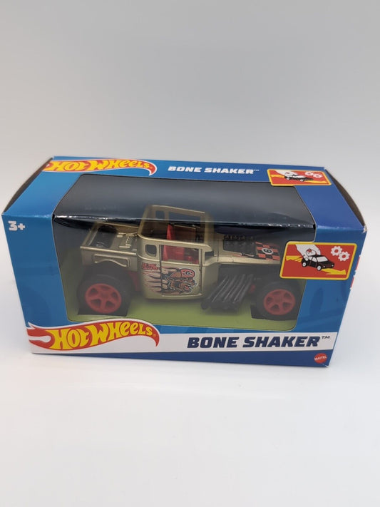 Hot Wheels Pull-Back Speeder Green Bone Shaker in neon green, featuring iconic skull grille and 1:43 scale design.