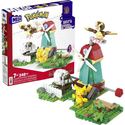 Mega Pokémon Countryside Windmill Building Set box, showcasing the completed windmill and Pikachu figure, available at Booyahs.ca.