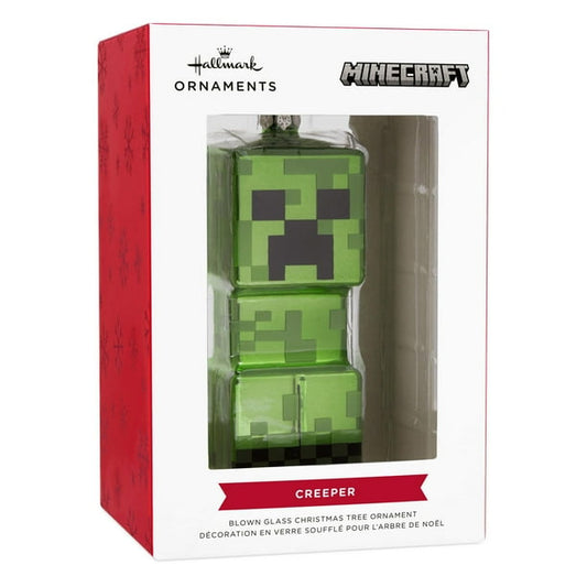 Hallmark Minecraft Creeper blown glass Christmas ornament, a collectible holiday decoration for gamers and Minecraft fans.