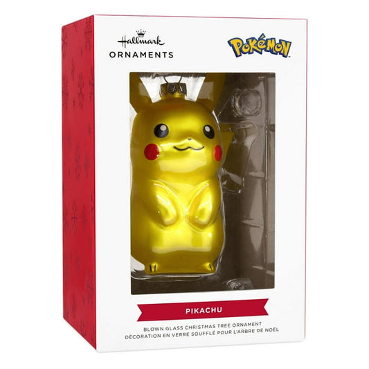 Hallmark Pikachu blown glass Christmas ornament, a festive holiday decoration for Pokémon fans. Available at Utopia Collectibles (www.booyahs.ca).