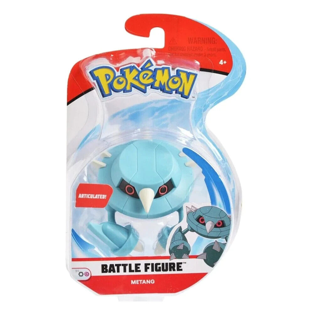 Packaged Metang Pokemon battle figure with articulation, predominantly blue in color, displayed in a clear plastic blister on a red and white backing card with the Pokemon logo and branding.