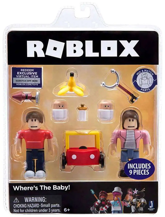 Complete set of Roblox Where's the Baby Game Pack figures and accessories from Celebrity Series 2.