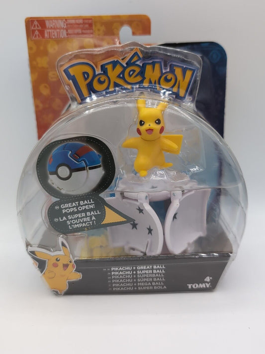 TOMY Pokémon Throw 'N' Pop Great Ball releasing Pikachu figure.